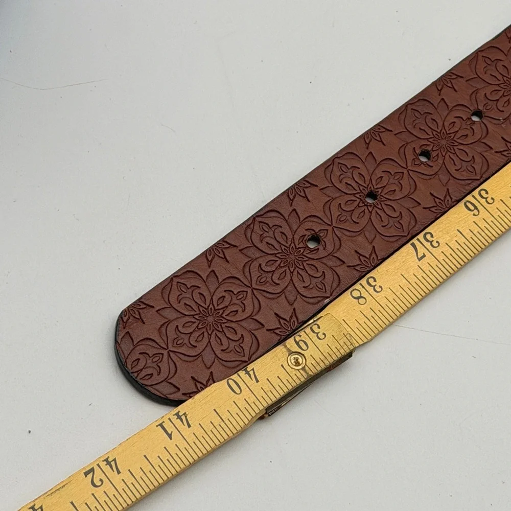 Womens Brown Floral Tooled Embossed Reversible Belt Silver Buckle Boho Western
